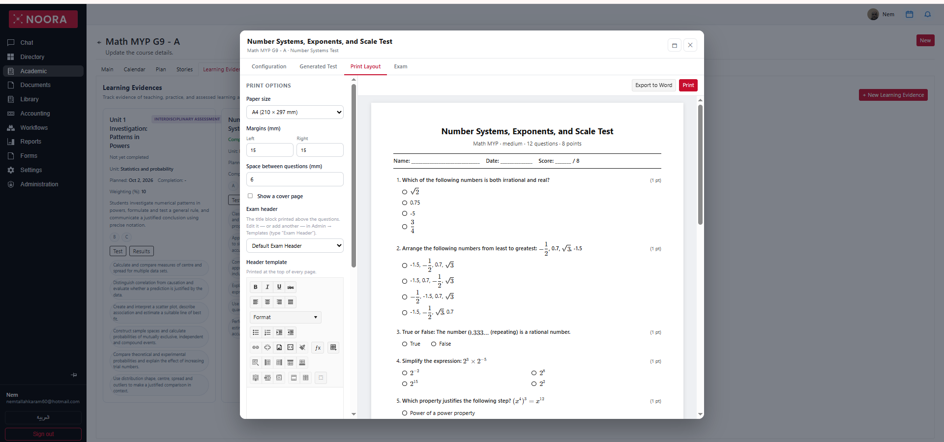 Print layout tab with paper size, margin and cover page options beside a print preview