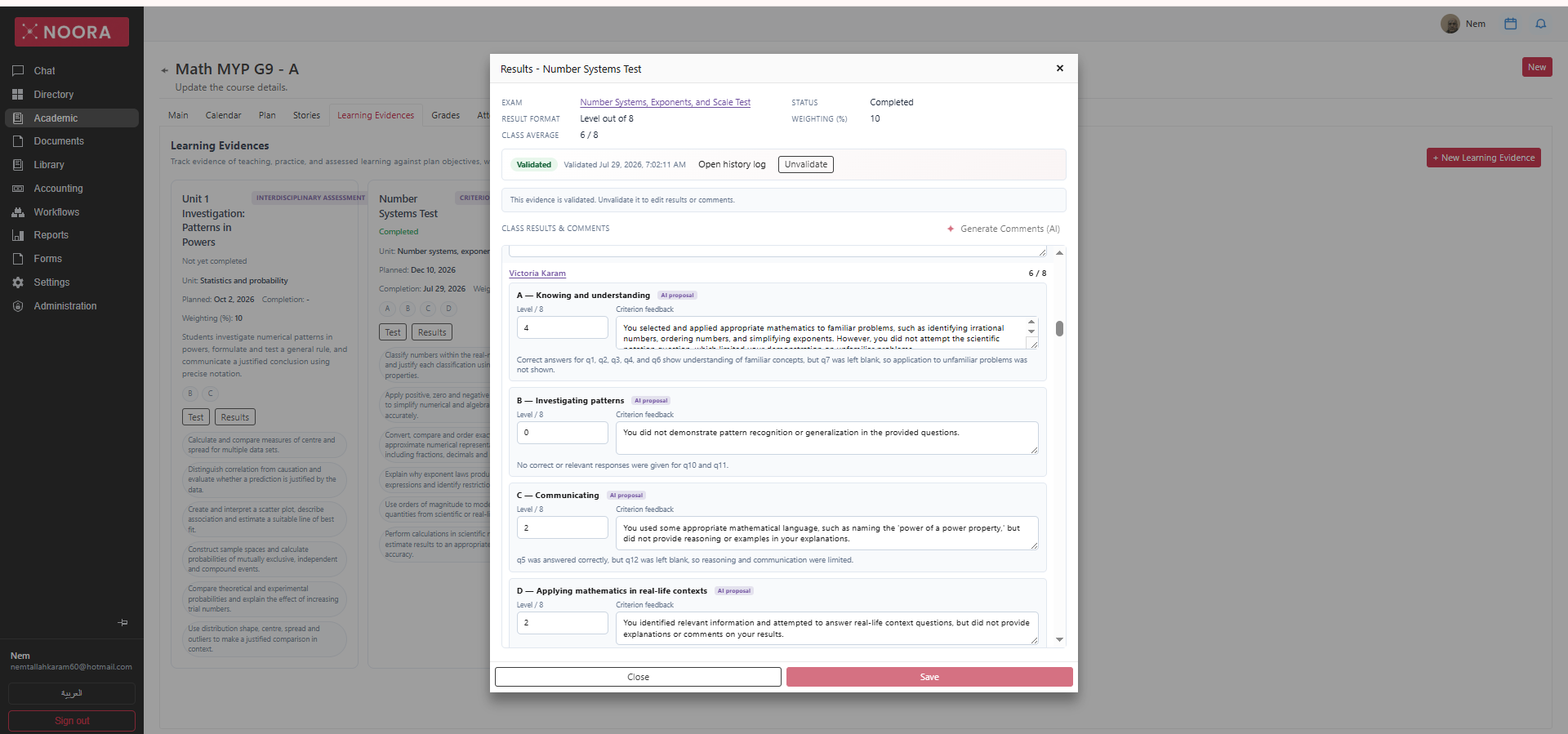 Results dialog with validation banner and per-criterion levels and feedback for a student