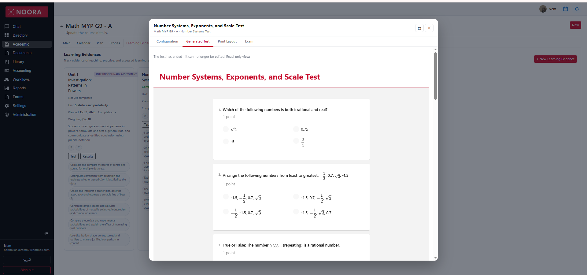 Generated test dialog showing rendered questions with mathematical notation