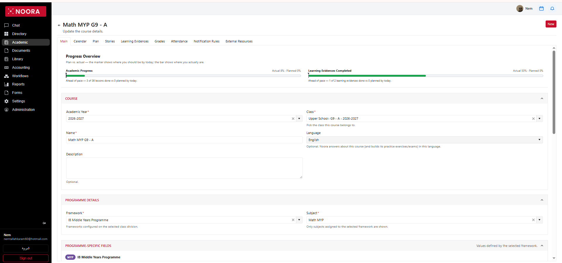 Course Main tab showing progress overview bars, course fields and programme details