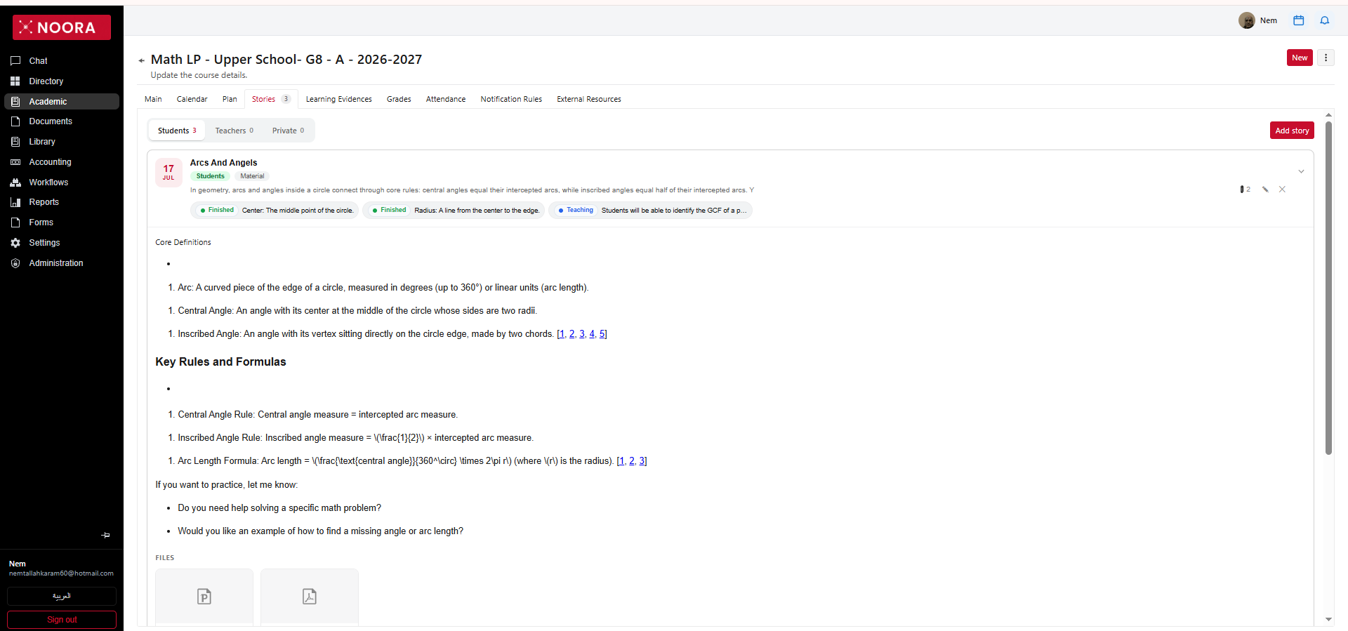 Expanded story showing structured definitions, key rules, cited sources, follow-up prompts and attached files
