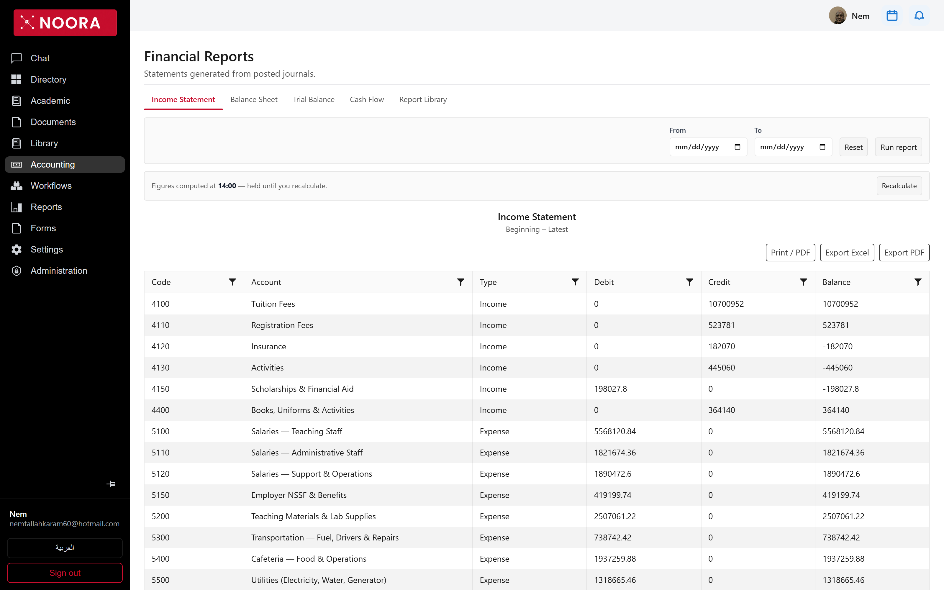 Financial reports screen showing income statement rows with debit, credit and balance