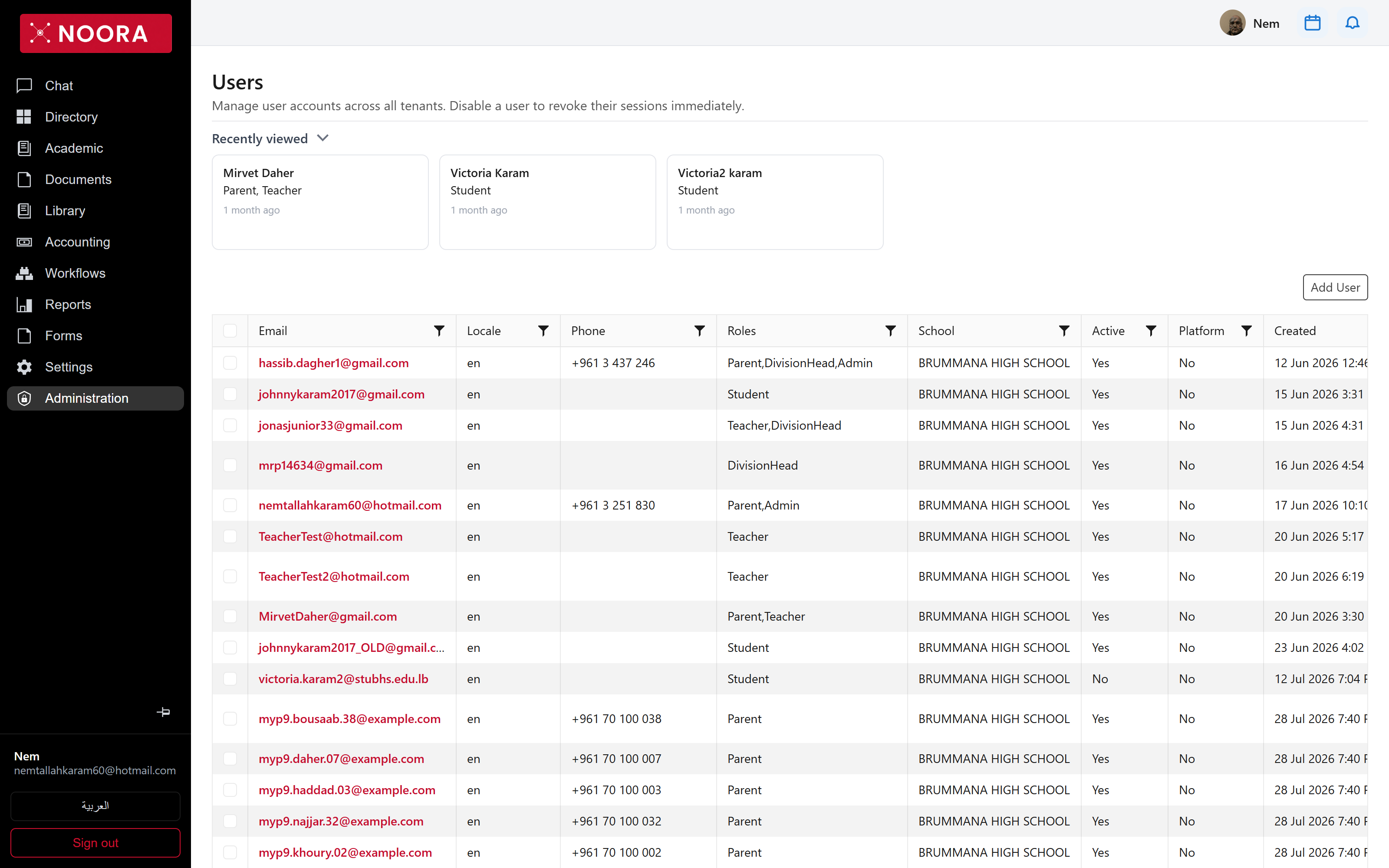 Users list with roles, school, active and platform columns