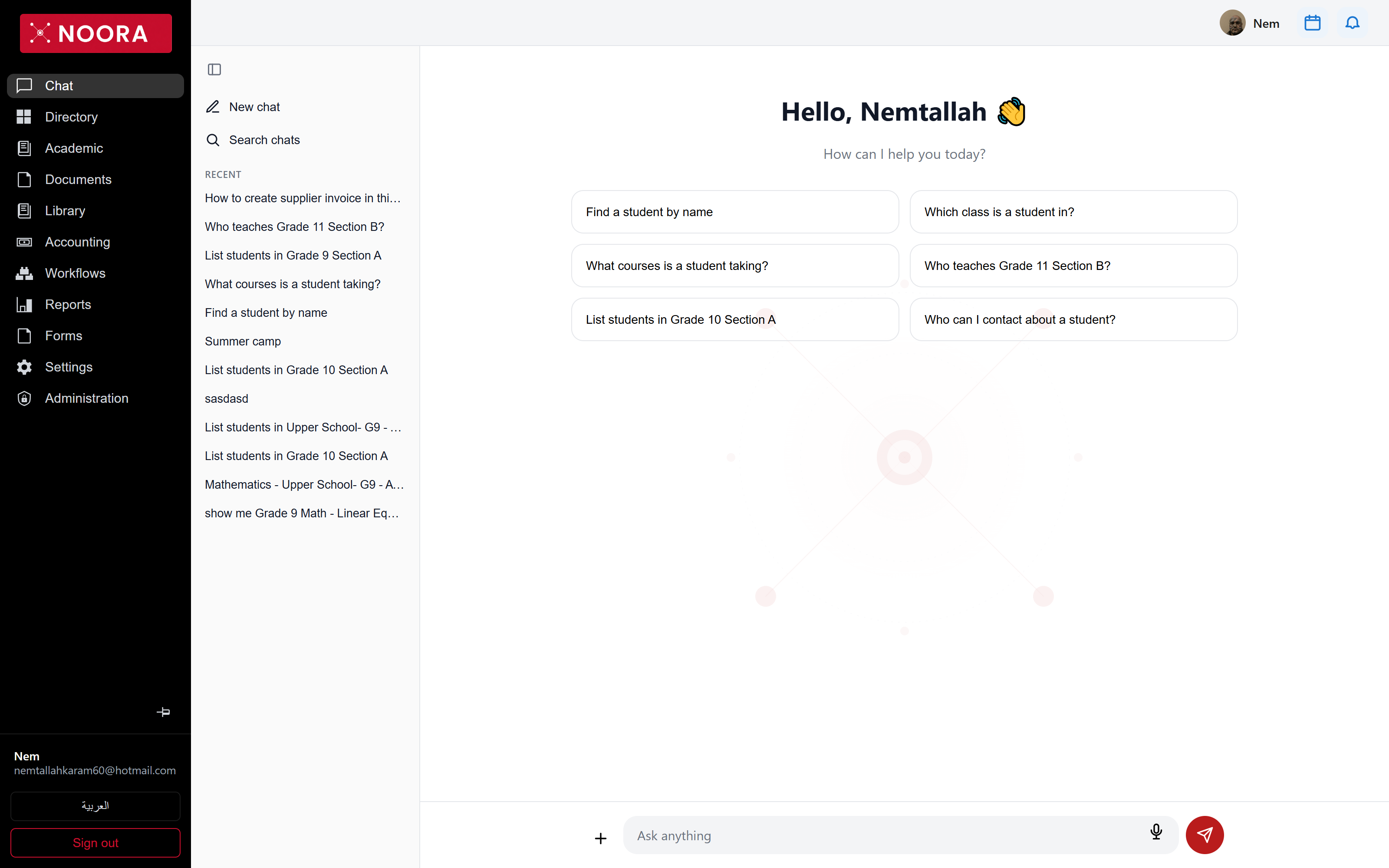 Noora Assistant chat home with suggested questions and recent conversations