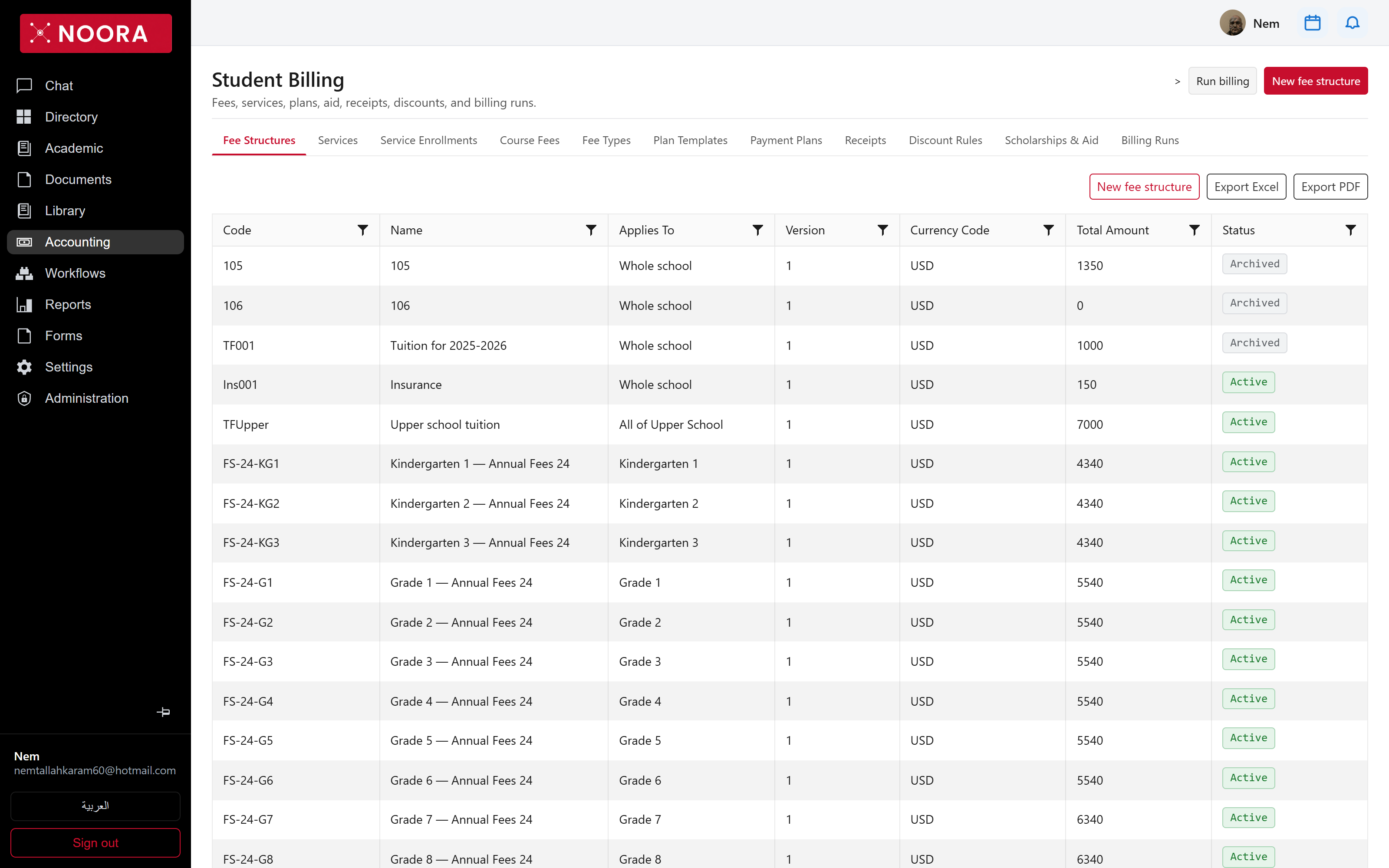 Student billing screen with fee structure list and pipeline tabs