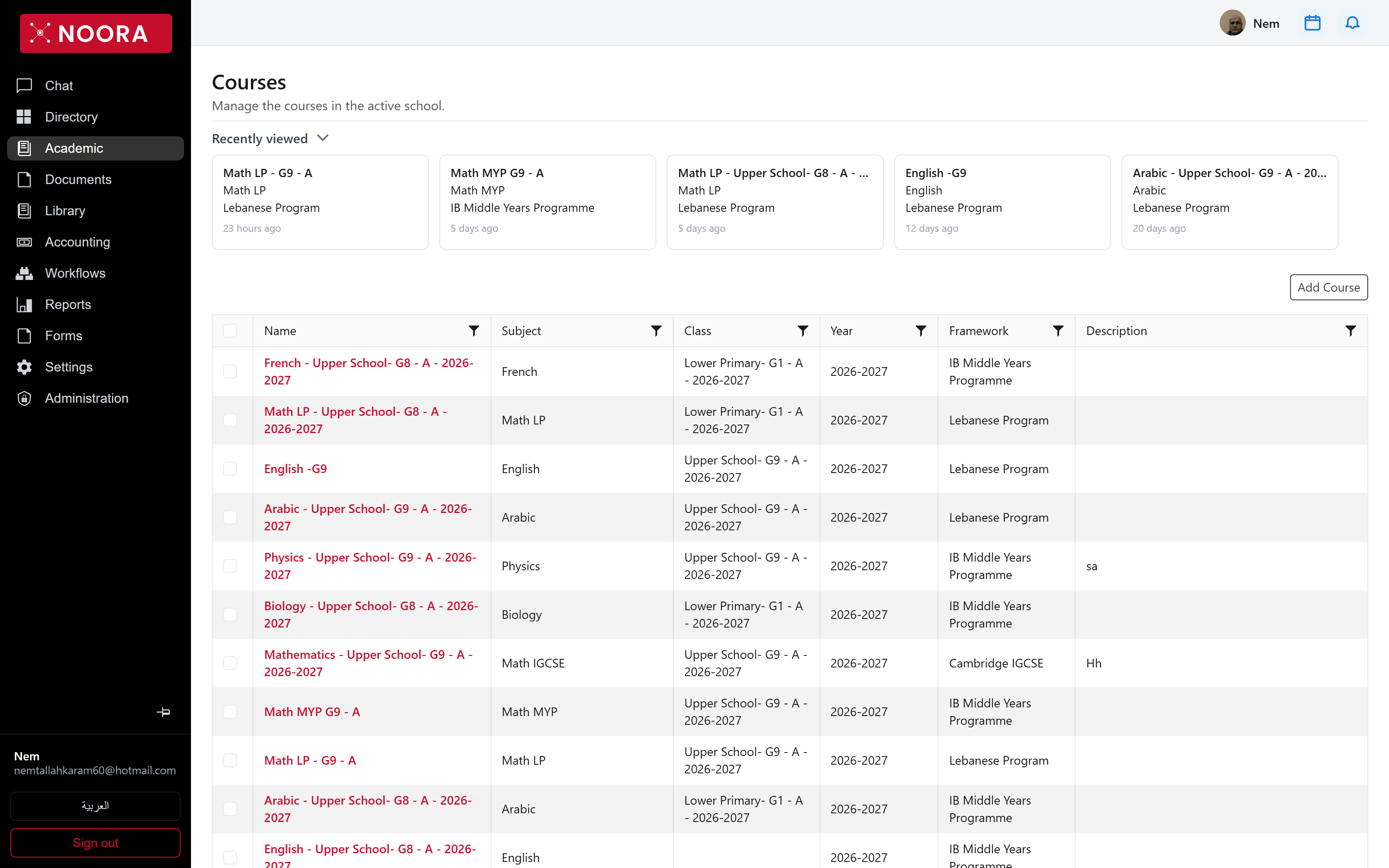 Courses grid showing name, subject, class, year, framework and description