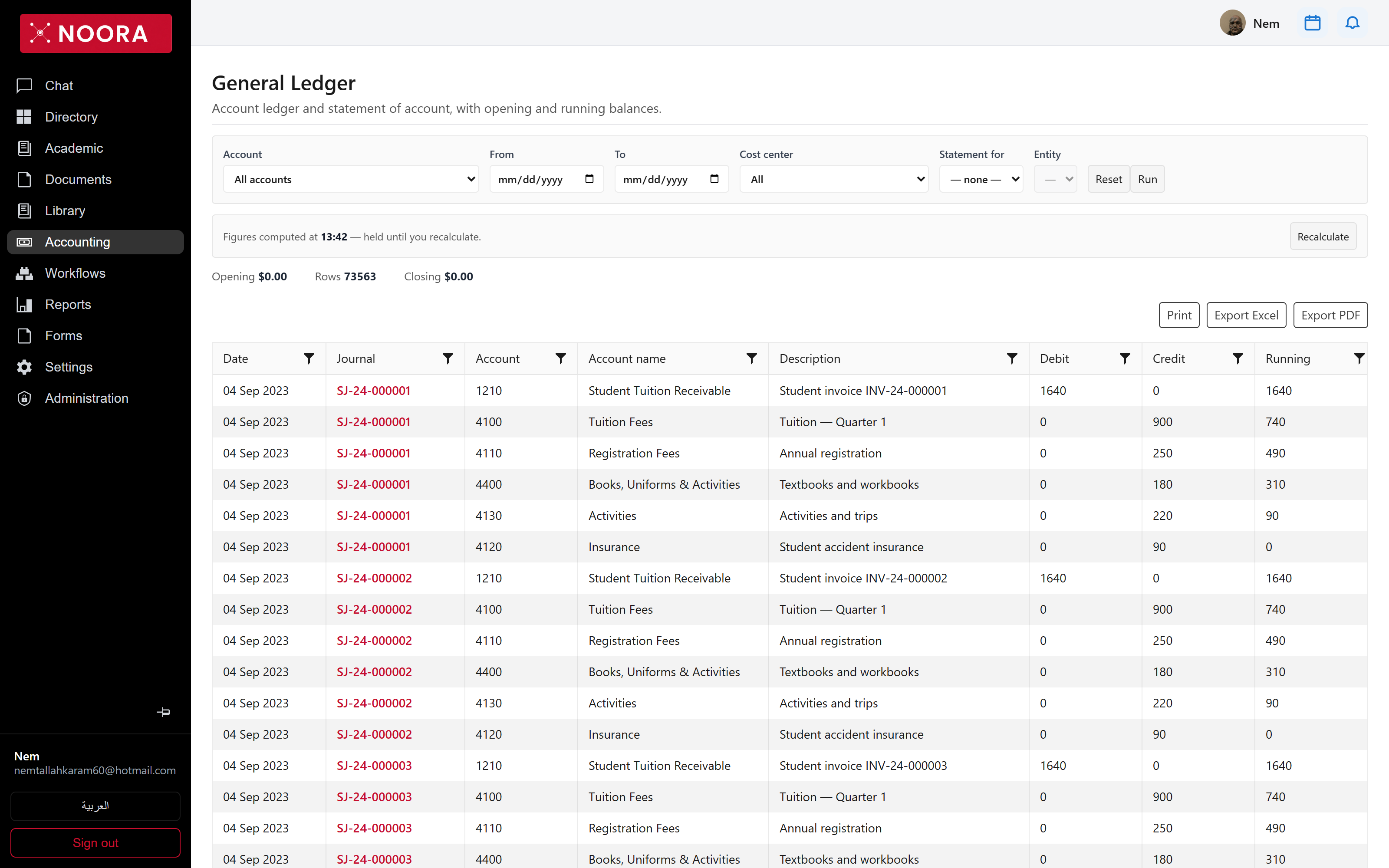 General ledger screen with account picker listing the school chart of accounts
