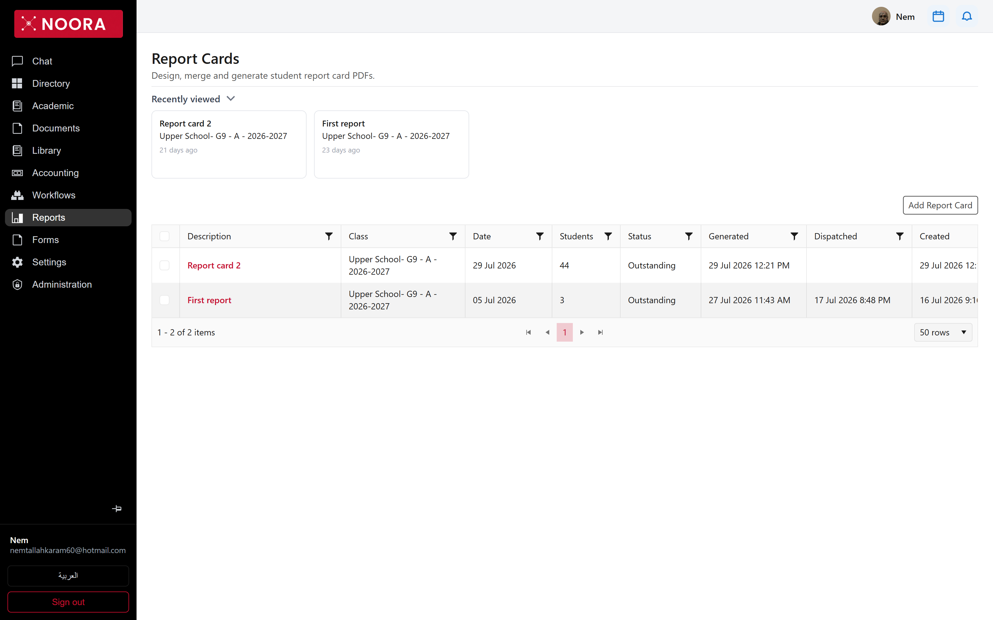 Report cards grid with class, date, student count, status, generated and dispatched columns