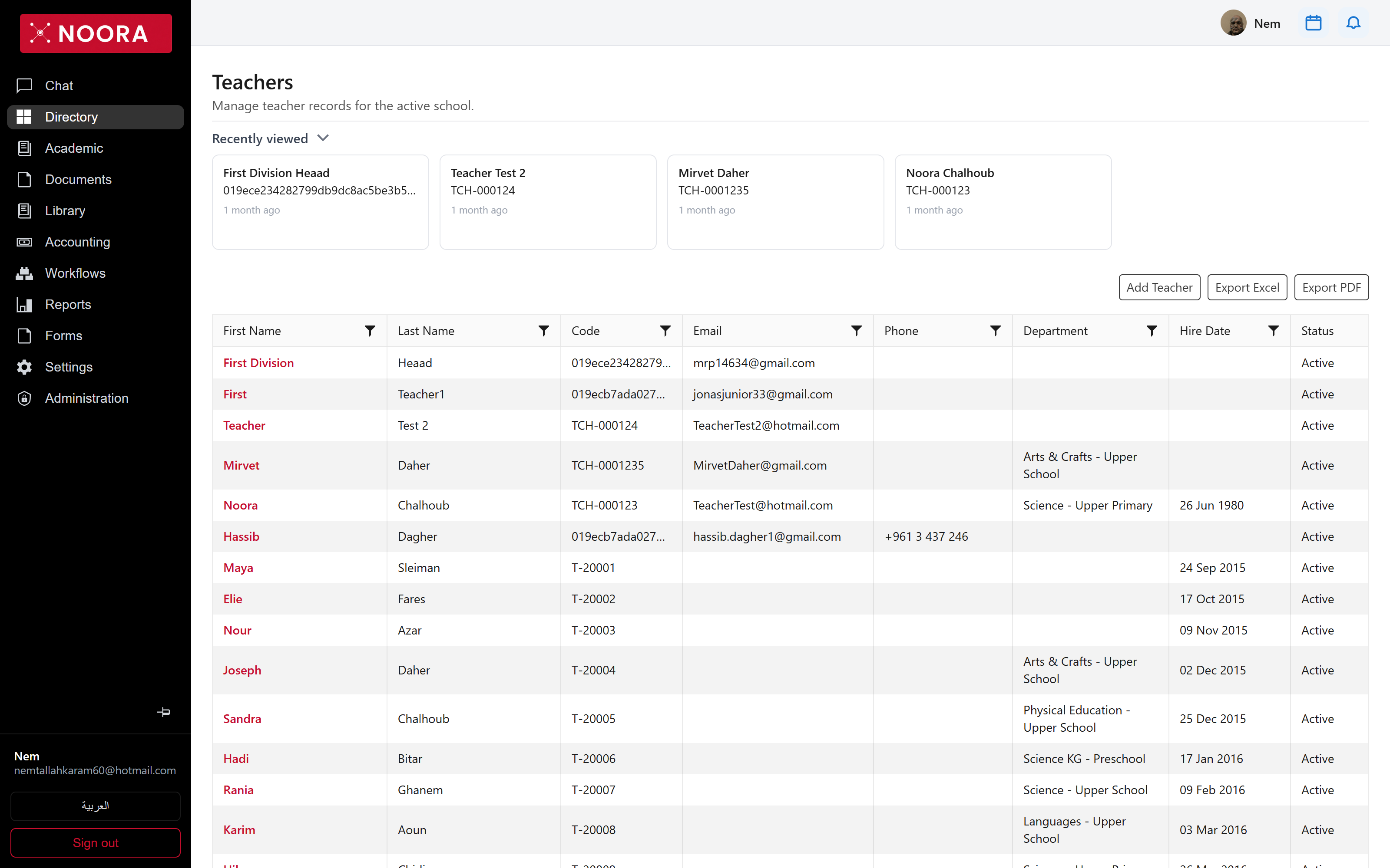 Teachers grid with codes, departments, hire dates and status