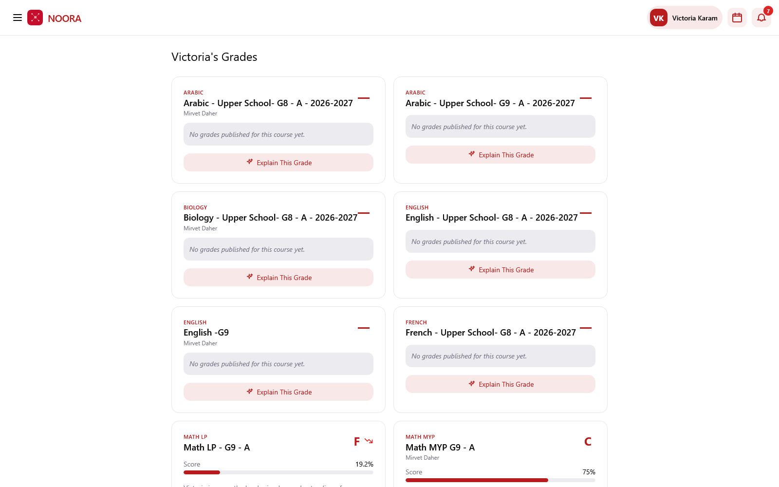 Grades screen with per-course cards, letter grades, scores, written explanations and Explain This Grade buttons