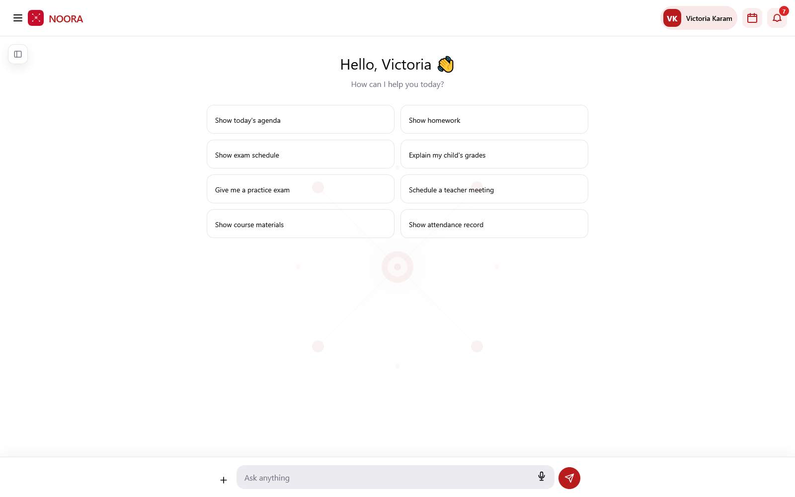 Family portal home with a greeting and suggested questions