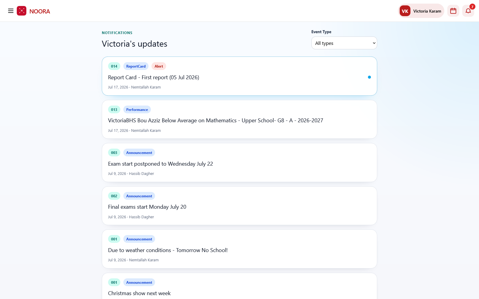 Notifications list with event type badges, titles, dates and senders